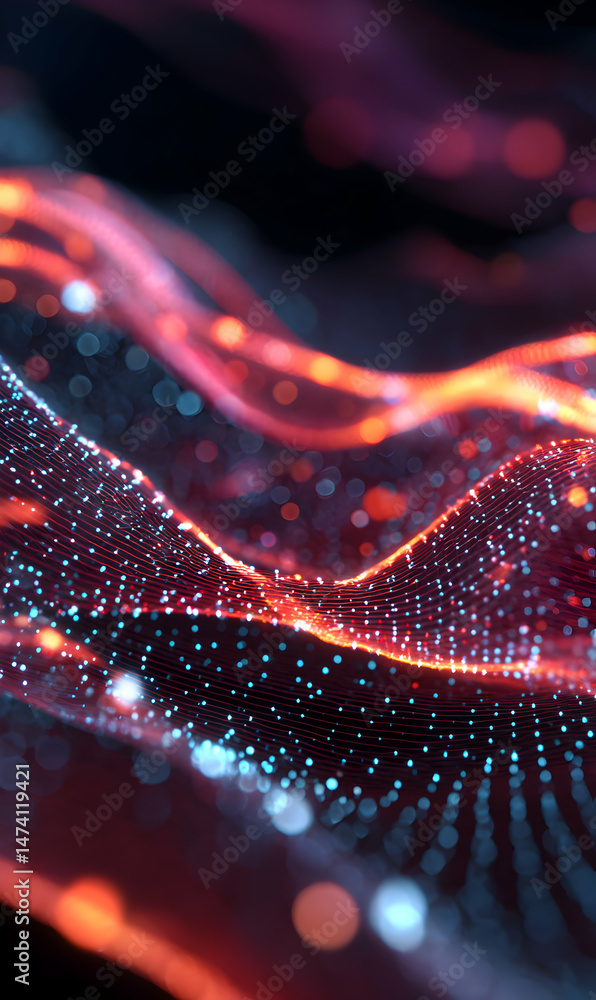 Poster abstract wave of light particles flowing through a digital network interface backdrop