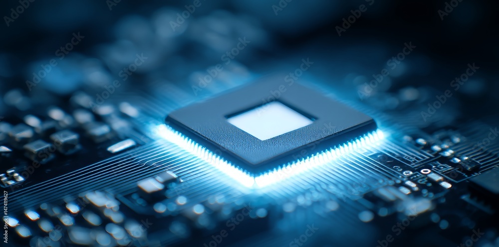 Poster a deep learning processor, three-dimensional rendering, and stock market depiction collectively show