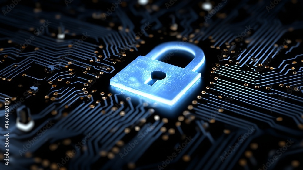 Aufkleber the concept of business privacy is highlighted by a horizontal lock illuminated with blue light on a