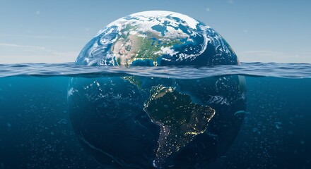 Fototapeta premium Submerged Earth: A 3D Render of a Planet Partially Submerged in Water, Illustrating Climate Change and Rising Sea Levels
