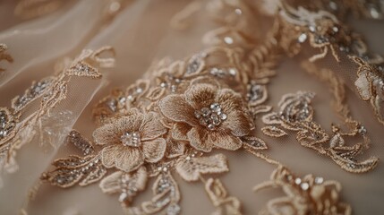 Intricate Floral Embroidery Details on Soft Fabric with Sparkling Beads and Sequins