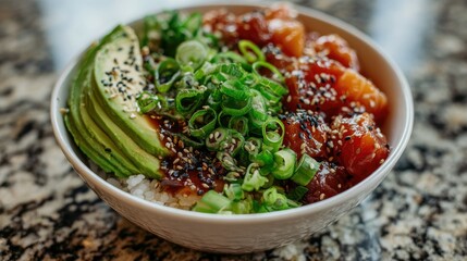 Tasty poke bowl takeout on a granite countertop, garnished with scallions, sesame, and sliced avocado