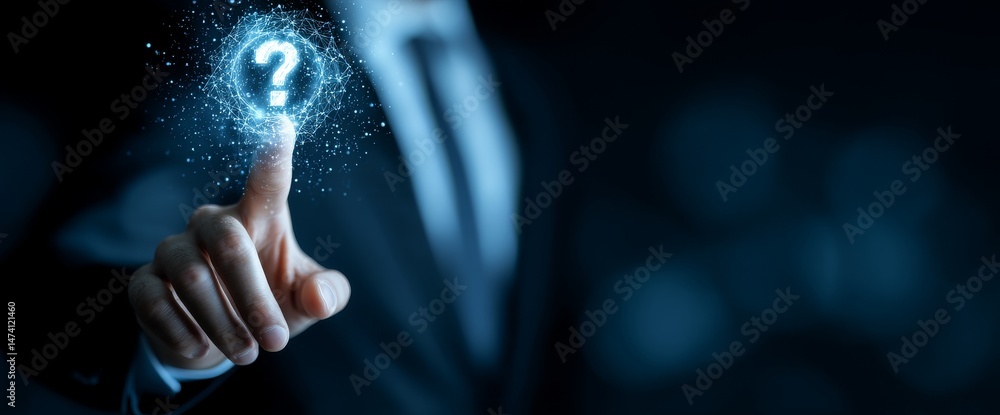 Poster a businessman pressing an imaginary button on a virtual screen represents a project manager working 