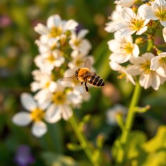 A highly detailed AI-generated image of a honey bee in mid-flight, surrounded by white spring flowers. Created using generative AI tools. Ideal for use in nature, biodiversity themed content.