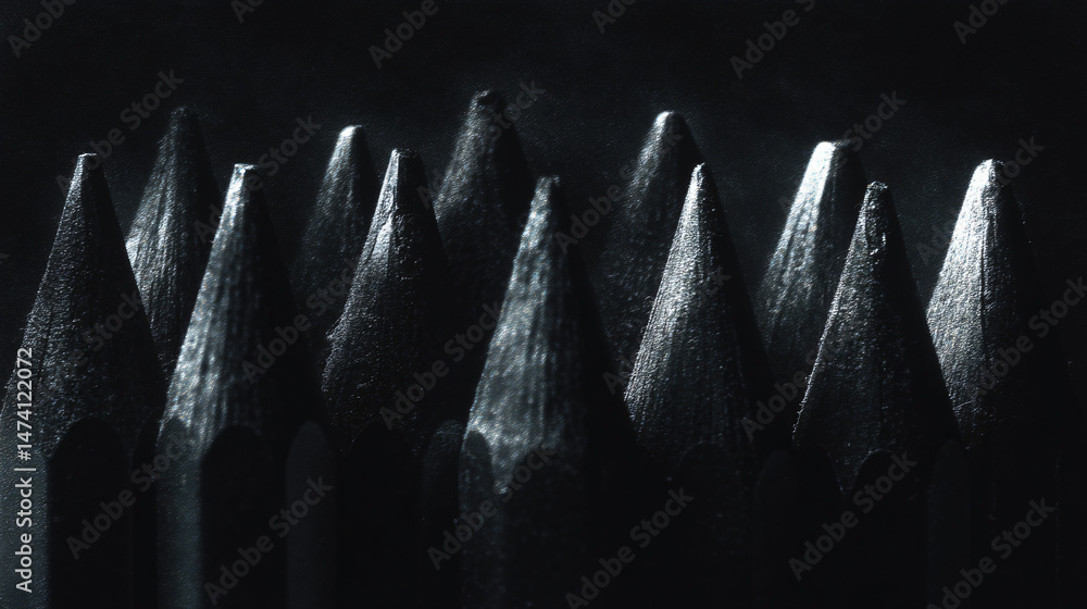 Poster concept of uniformity - a precise row of identical graphite pencils.