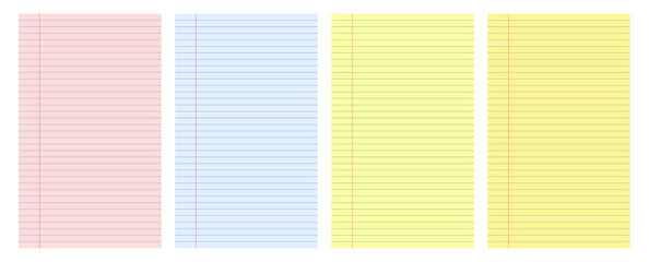 Ruled notebook paper set in pink, blue, yellow colors. Striped design blanks sheets.