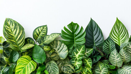 Obraz premium Beautiful green tropical leaves of various plants on a white background, a banner with a copy space area