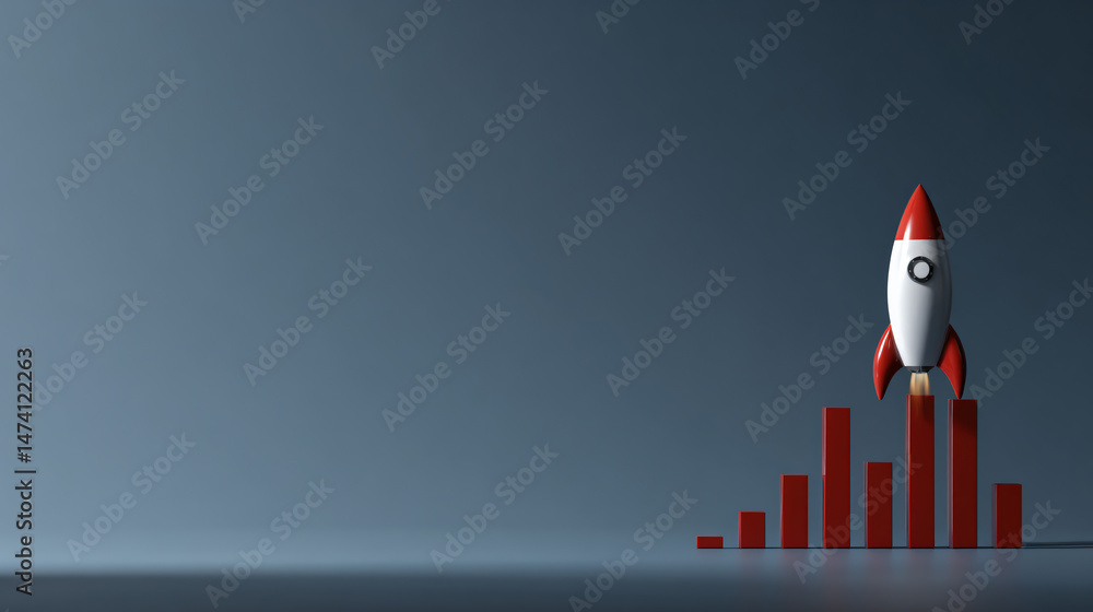 Poster conceptual image of a rocket on a growth chart representing business success and market expansion.