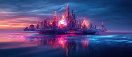 Floating futuristic city at sunset