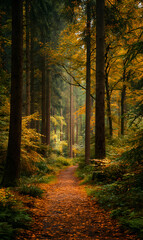 Fototapeta premium A tranquil pathway meanders through a lush forest bathed in the golden hues of the autumn season