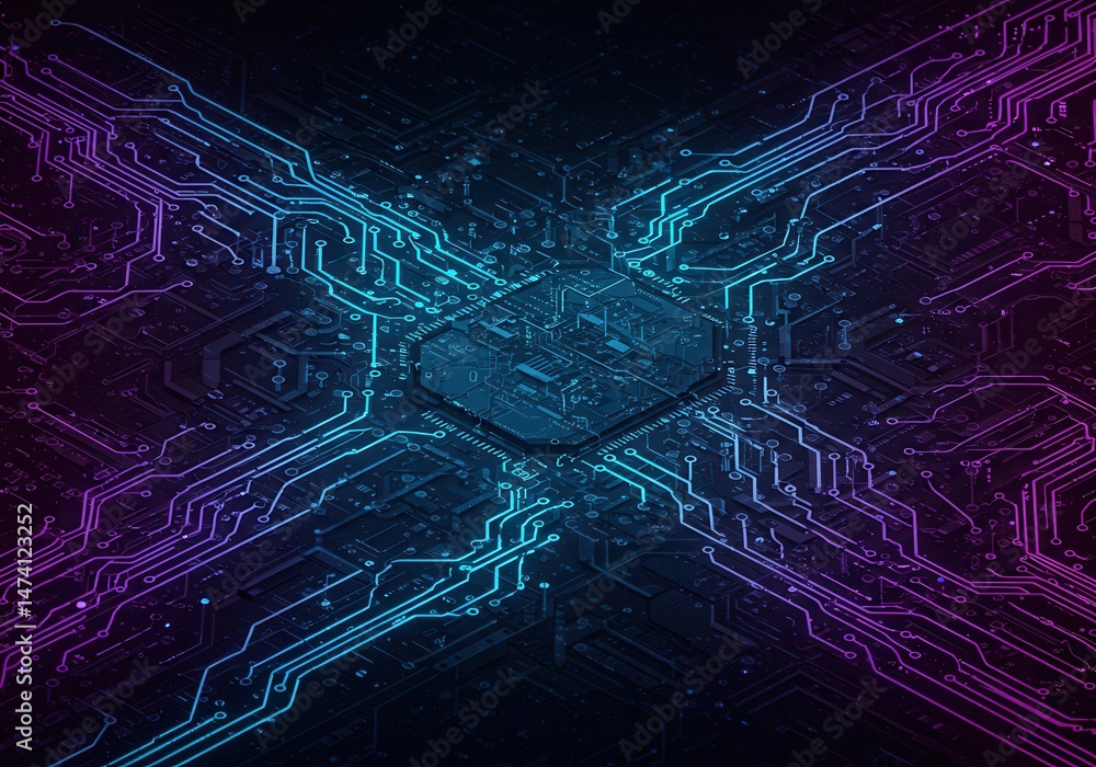 Poster illuminated circuit board with intricate patterns and glowing lines in blue and purple on a dark bac