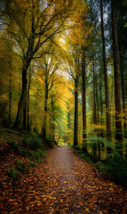 Fototapeta premium A scenic forest path covered in fallen leaves during the vibrant autumn season beauty of nature