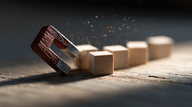 Conceptual representation of business growth showing wooden blocks being attracted by a magnet on a wooden surface.