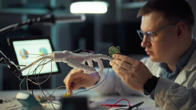 Engineer working on robotics circuit board design in modern lab setting. An engineer meticulously assembles a robotics circuit board, showcasing focus and precision