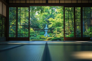 Tranquil garden view through traditional Japanese sliding doors.