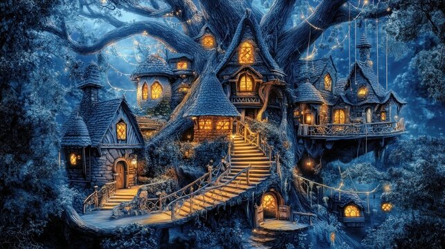 Enchanting treetop village nestled in a mystical forest