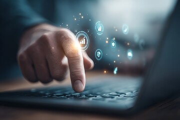 A person interacts with a tablet that displays holographic data elements suspended in mid-air, symbolizing the fusion of digital and physical realms in a futuristic setting