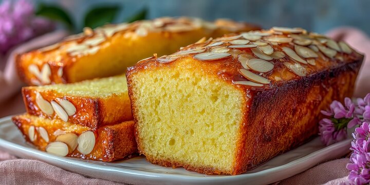 Moist Vanilla Pound Cake Slices with Toasted Almonds, on White Plate againt a Blue Backdrop