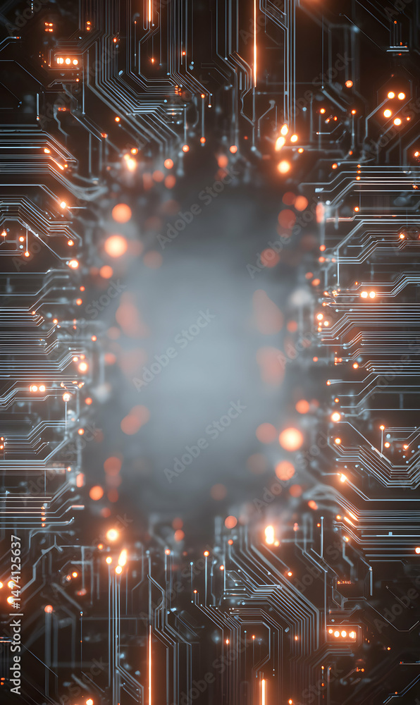 Poster futuristic circuit board design with glowing light emitting diodes for high tech background