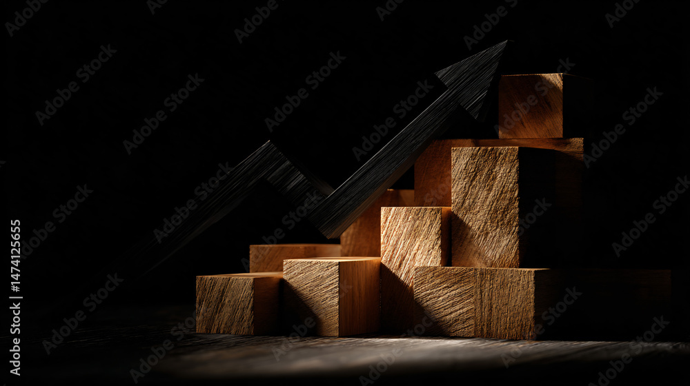 Poster conceptual wooden blocks staircase symbolizing progress with upward arrow illustrations.