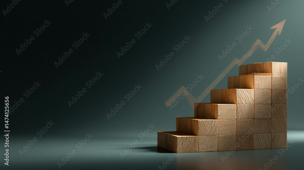Poster conceptual wooden blocks staircase symbolizing progress with upward arrow illustrations.