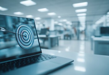 The concept of digital marketing is depicted in a blue tone on a modern laptop screen with various icons representing marketing, success, goals, target, payments, and network connection set against a