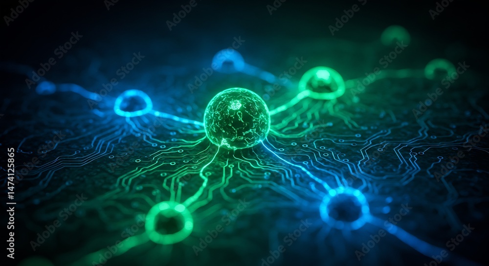 Poster abstract futuristic neural network: glowing green and blue nodes connected on a circuit board