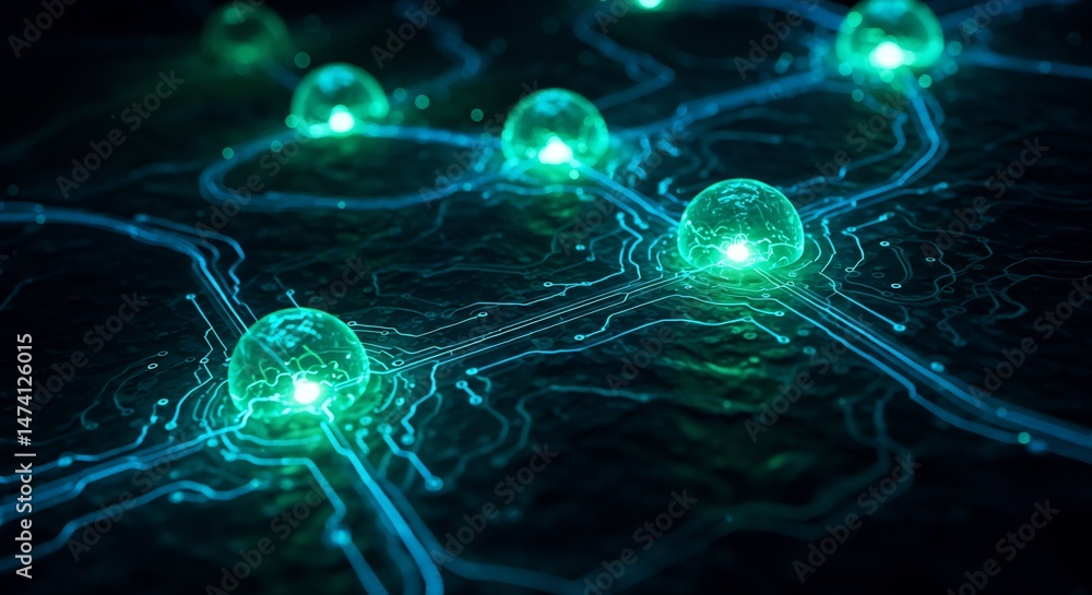 Poster futuristic abstract network: glowing green nodes connected by circuitry on a dark surface