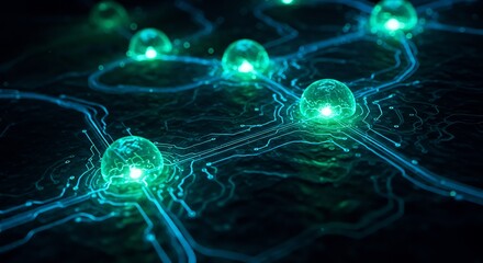 Futuristic Abstract Network: Glowing Green Nodes Connected by Circuitry on a Dark Surface