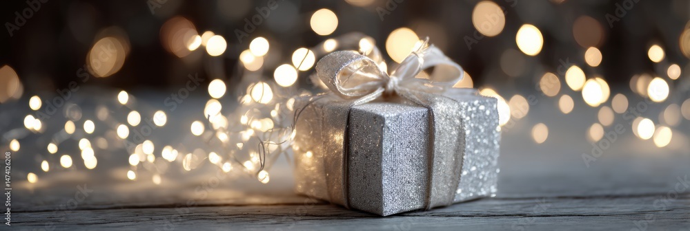 Poster holiday box with sparkling lights creates a magical atmosphere in a cozy setting