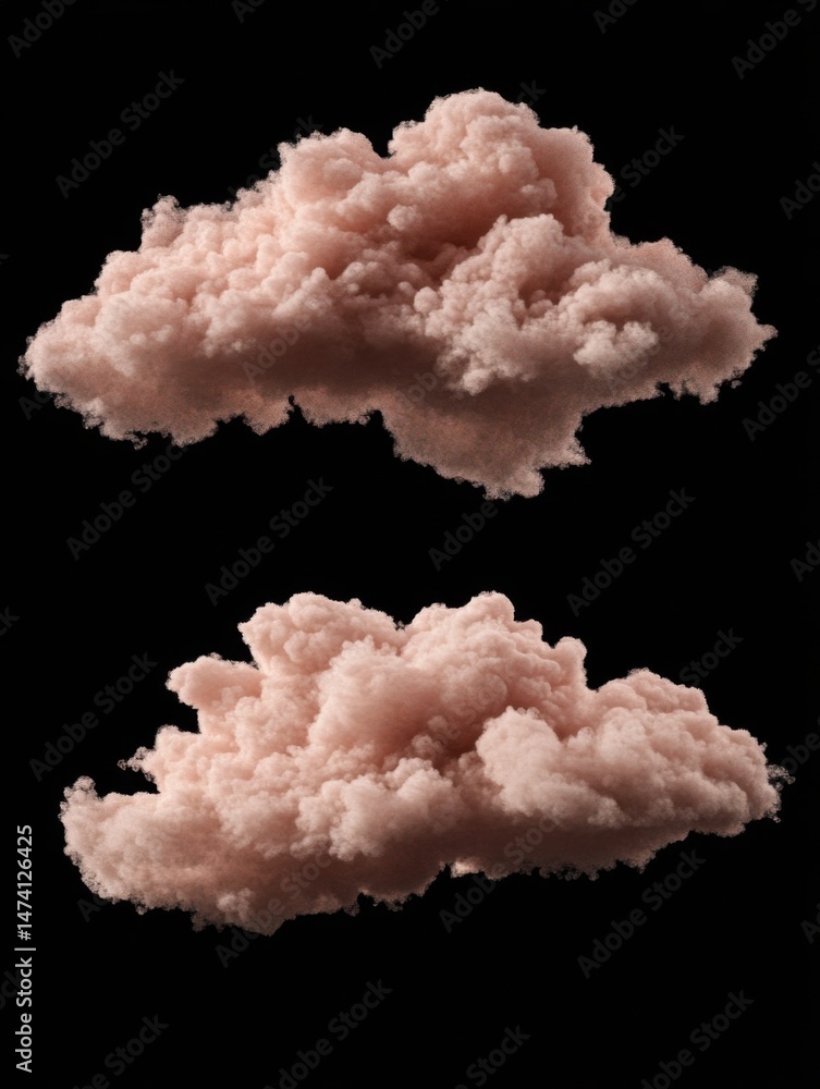 Poster two fluffy pink clouds floating against a black background studio shot conceptual rendering abstract