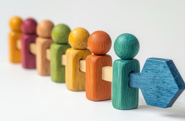 Colorful wooden figures in a line, pointing towards a direction