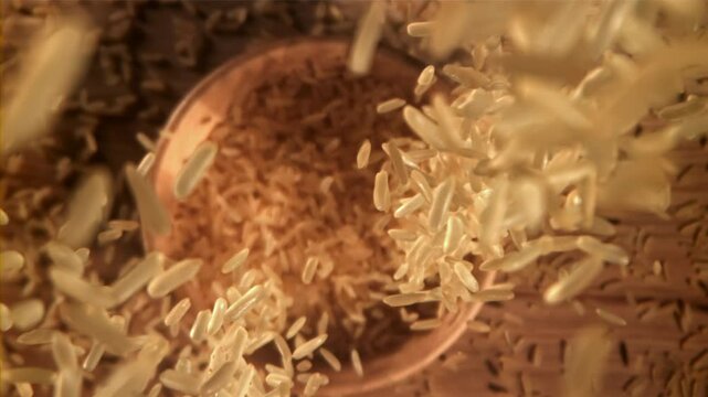 The rice falls into a wooden bowl. Filmed on a high-speed camera at 1000 fps. High quality FullHD footage