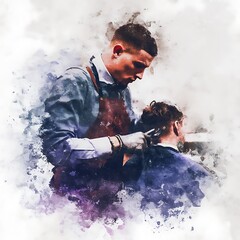 Barber Giving a Haircut to a Client, Artistic Watercolor Style.