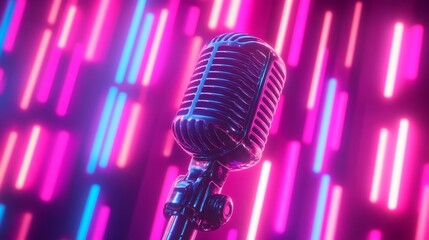 Retro microphone against vibrant neon lights