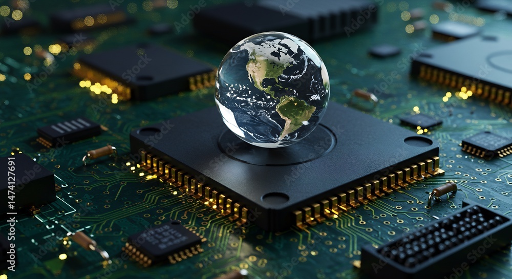 Poster global network connectivity: earth globe on microchip circuit board, representing digital technology