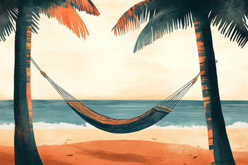 A peaceful depiction of a hammock hanging between palm trees on a sandy shore with the ocean in the background, perfect for conveying summer relaxation and tropical getaways.
