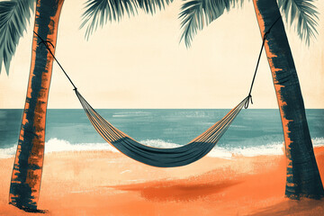 A peaceful depiction of a hammock hanging between palm trees on a sandy shore with the ocean in the background, perfect for conveying summer relaxation and tropical getaways.
