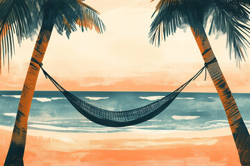A peaceful depiction of a hammock hanging between palm trees on a sandy shore with the ocean in the background, perfect for conveying summer relaxation and tropical getaways.