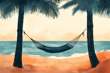 A peaceful depiction of a hammock hanging between palm trees on a sandy shore with the ocean in the background, perfect for conveying summer relaxation and tropical getaways.