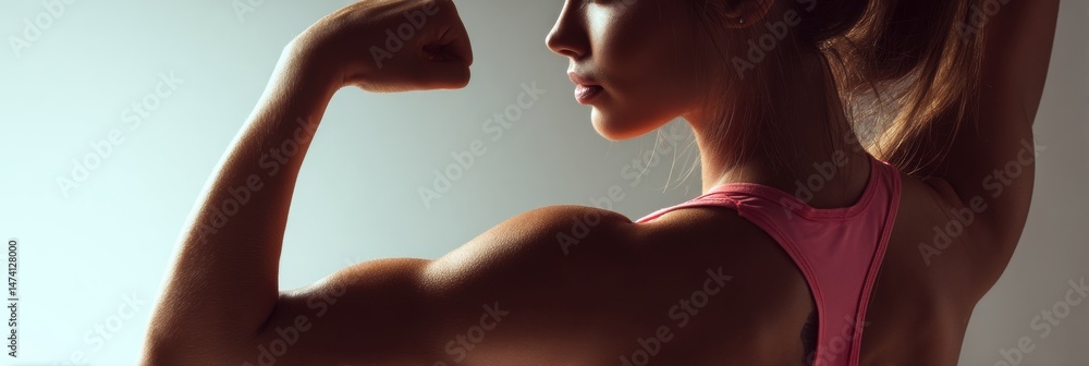 Poster Woman Flexing Triceps in Studio Setting With a Gradient Background Showcasing Strength and Determination