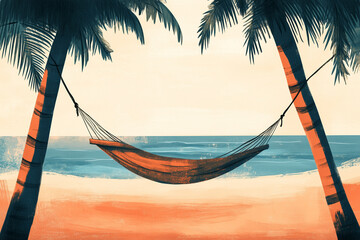 A peaceful depiction of a hammock hanging between palm trees on a sandy shore with the ocean in the background, perfect for conveying summer relaxation and tropical getaways.