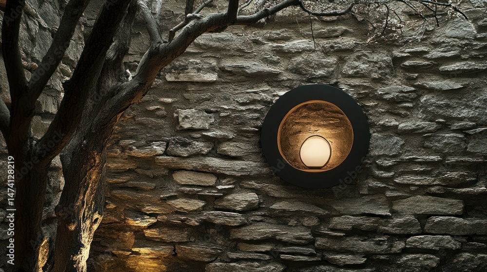Poster rustic stone wall with a circular light fixture and a tree