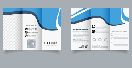 Creative Wave Trifold Brochure Template for Business and Marketing. Stylish trifold brochure template with smooth wave design elements in blue and white tones, ideal for corporate, marketing, and prom