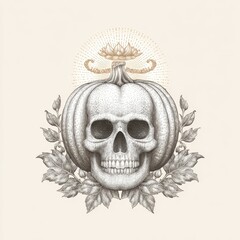 Sepia Skull Emerging From Pumpkin with Leaf Accents and Light