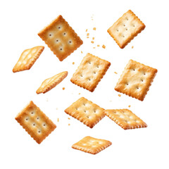 Many square crackers falling on colorful background