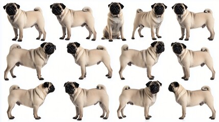 Multiple Pugs in Various Poses on a White Background