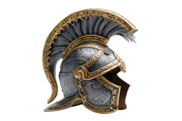Ornate Royal Knight Helmet with Gold Details and Feather Plume Isolated on transparent Background