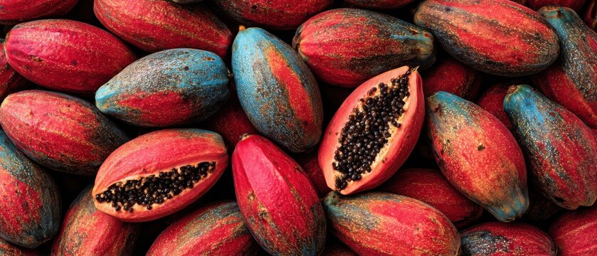 Pile of ripe babaco fruits close up overhead shot tropical harvest exotic food still life vibrant colors