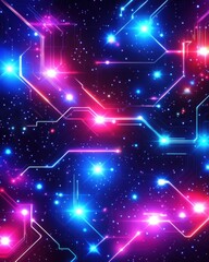 Abstract Technology Circuit Board with Glowing Neon Lights and Stars Digital Art Futuristic Background